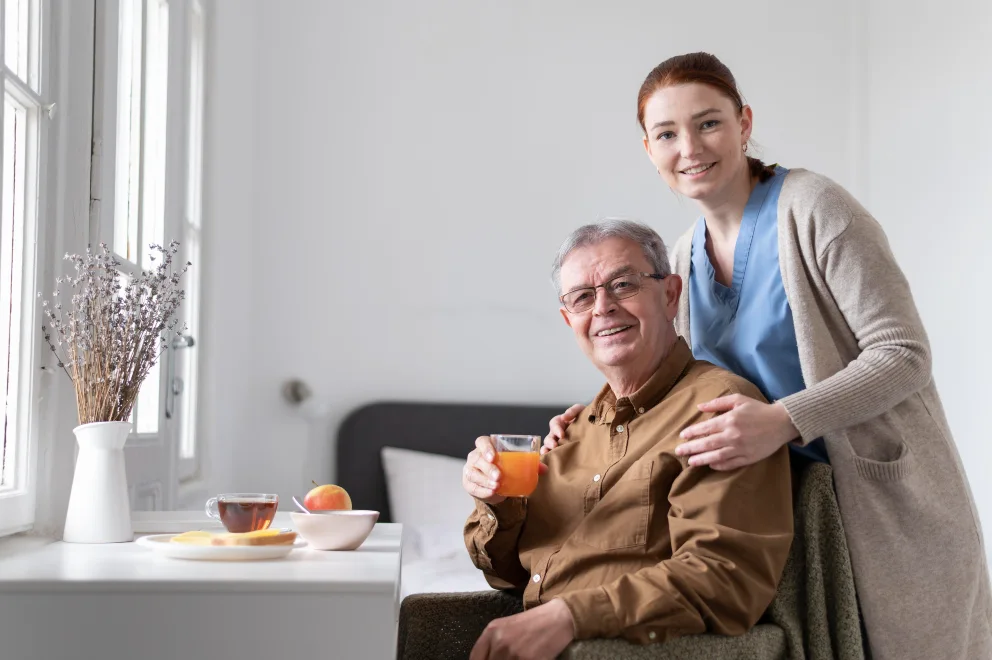 nurse, elderly man posing