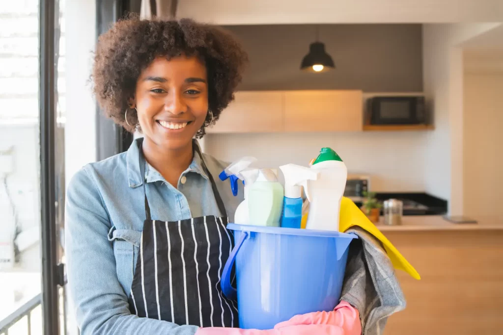 Woman Bucket Cleaning Items